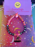Stretchy Clay Beaded- Witchy Vibes Black Lettering with Witch Hat Charm
