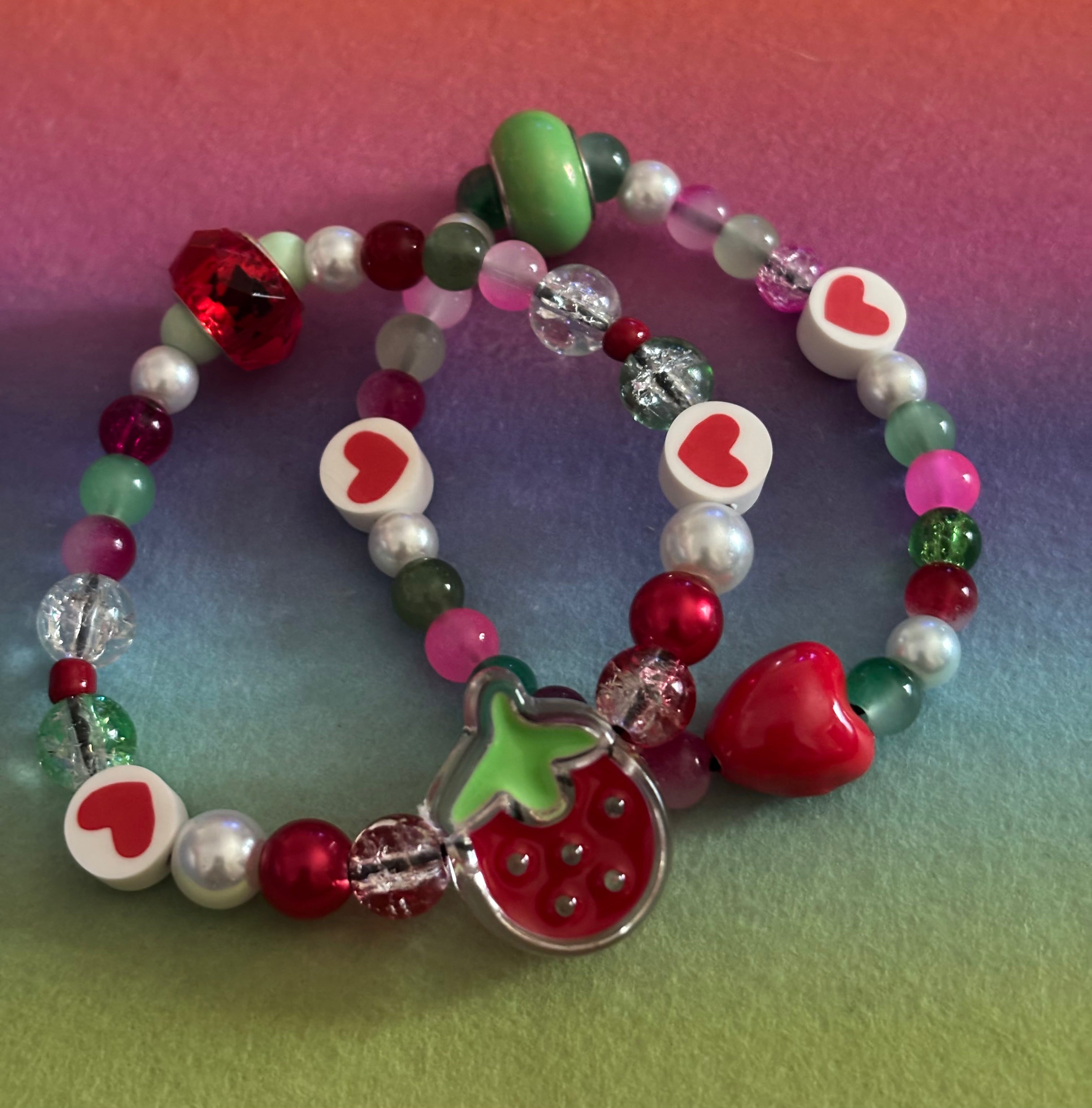 Two Kids Small Stretchable Bracelet Stacks Strawberry Theme