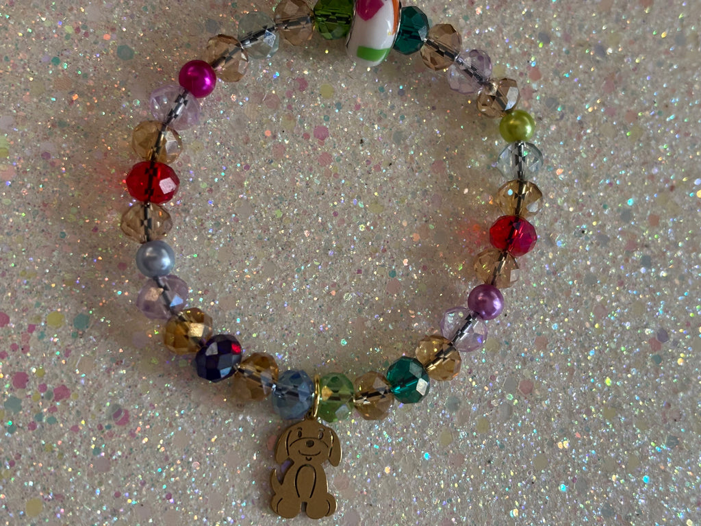 Multicolored Beaded Glass Bracelet Gold Plated Stainless Steel Doggo Charm