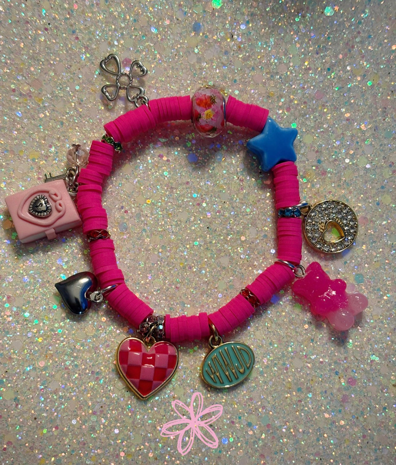 Hot Pink Clay Beaded Bracelet with Charms