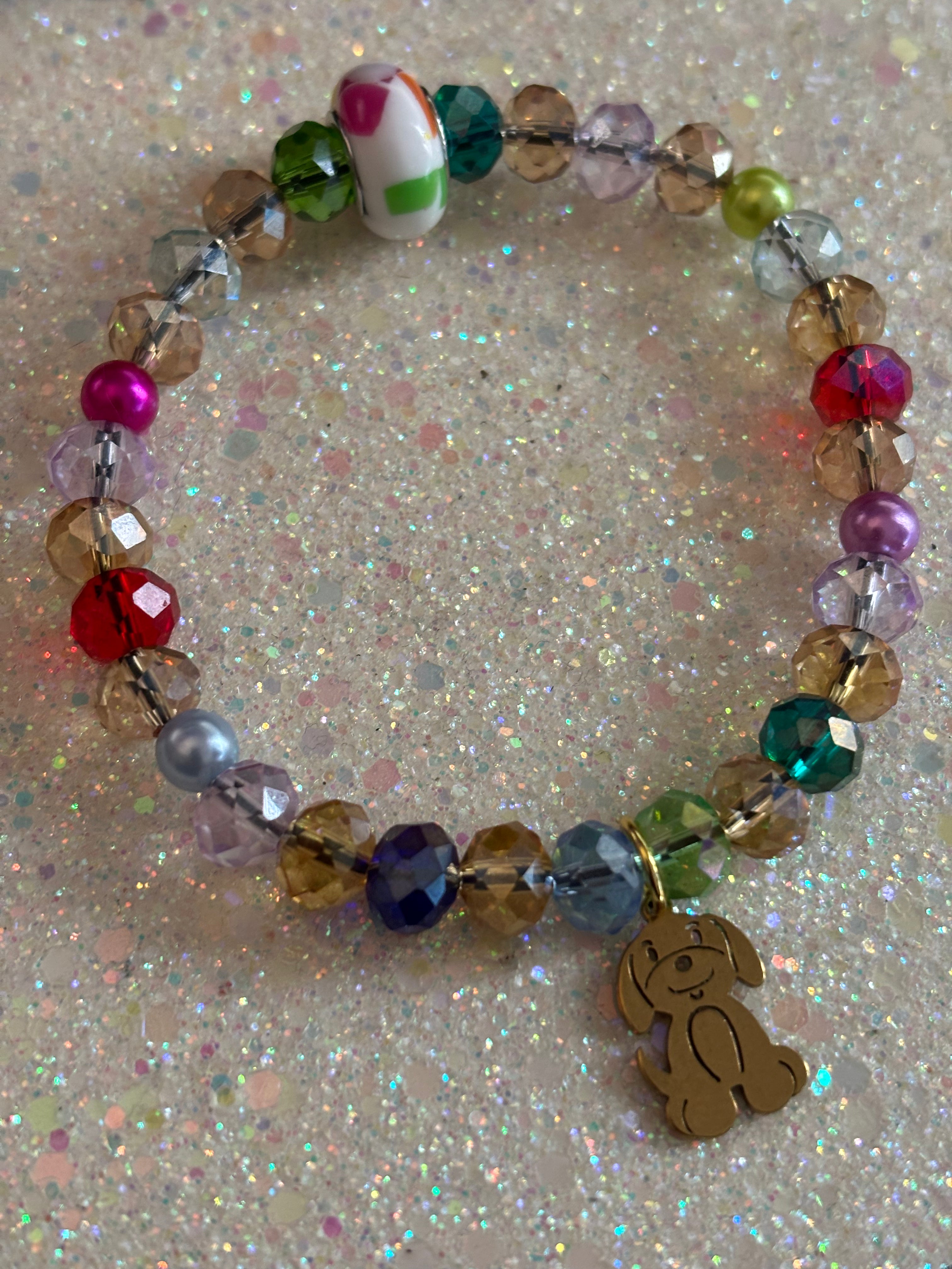 Multicolored Beaded Glass Bracelet Gold Plated Stainless Steel Doggo Charm
