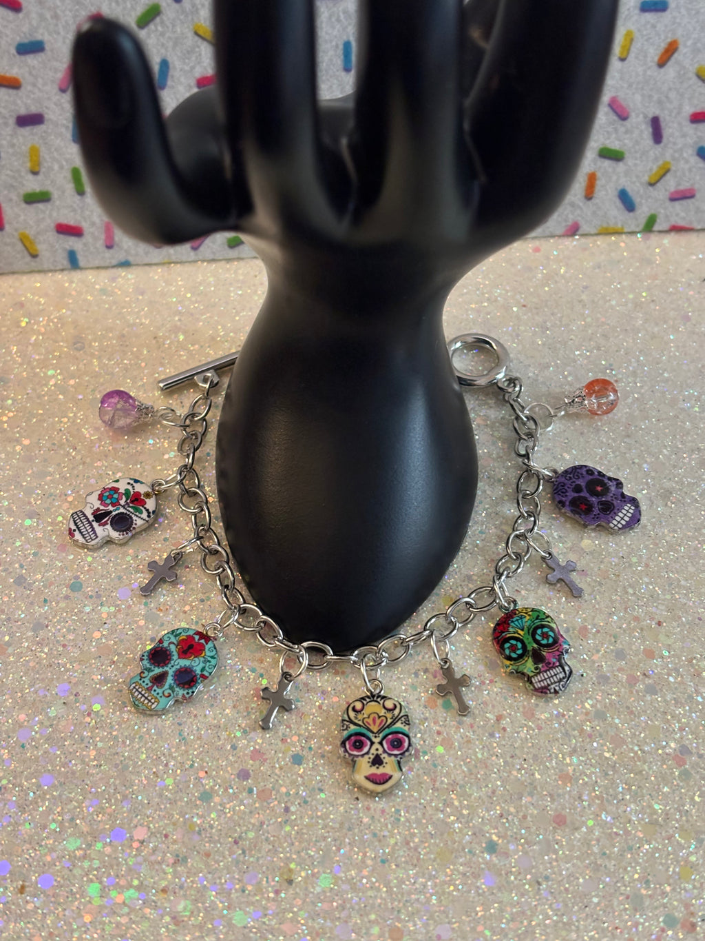 Silver Stainless Steel Chain, Enamel Dia De Los Muertos Skull Charms, Stainless Steel Mini Crosses