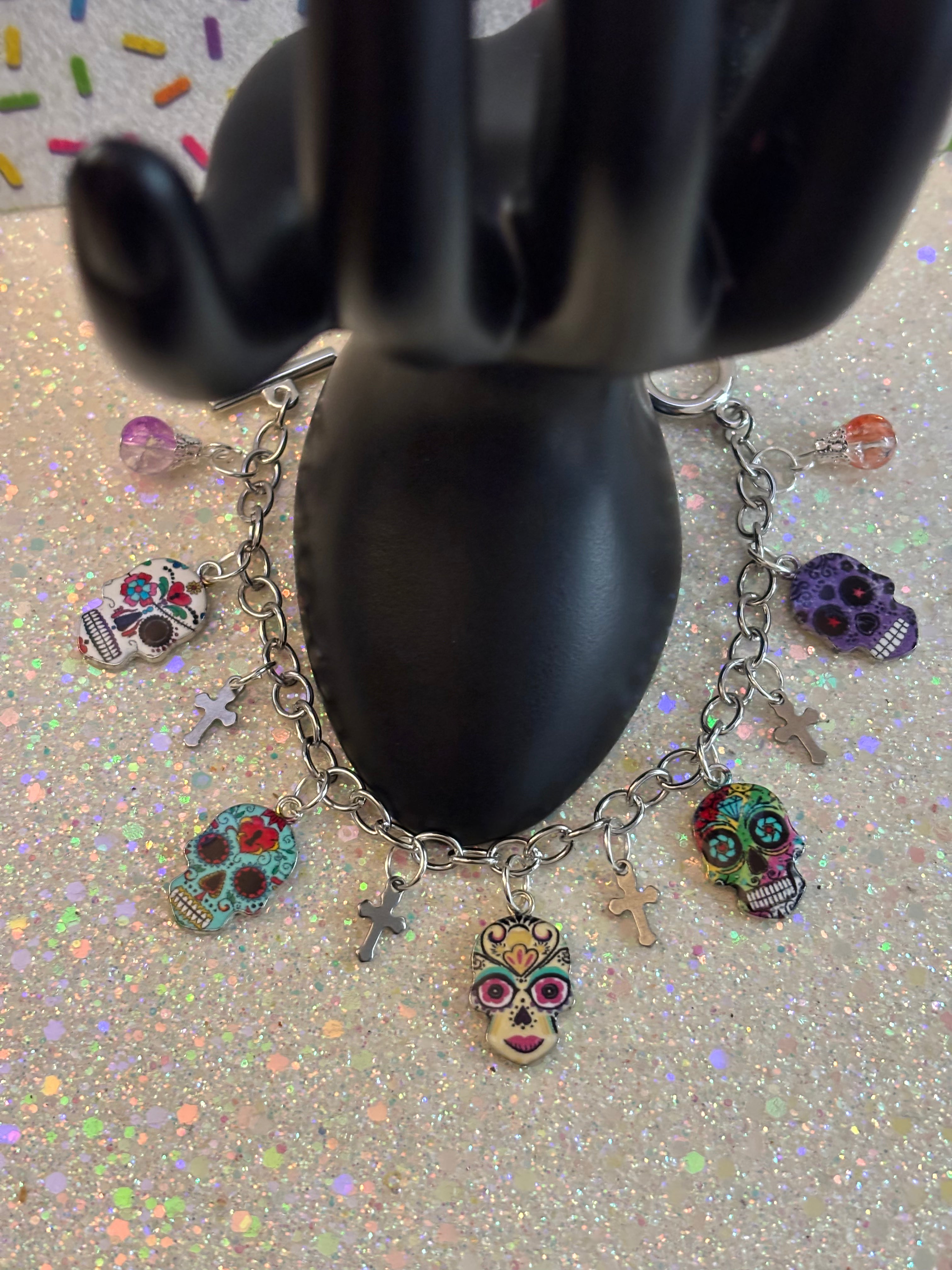 Silver Stainless Steel Chain, Enamel Dia De Los Muertos Skull Charms, Stainless Steel Mini Crosses
