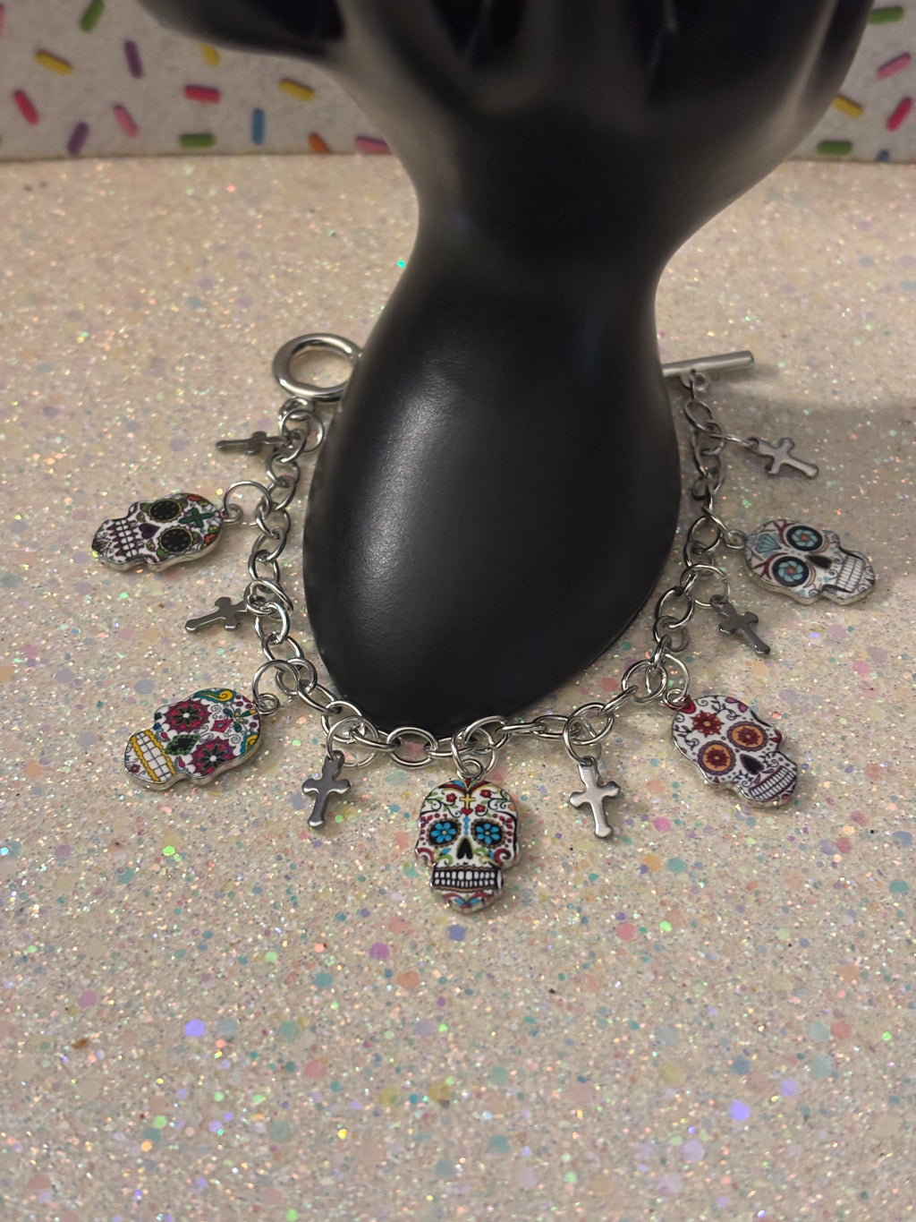 Silver Stainless Steel Chain, Enamel Dia De Los Muertos Skull White Charms, Stainless Steel Mini Crosses