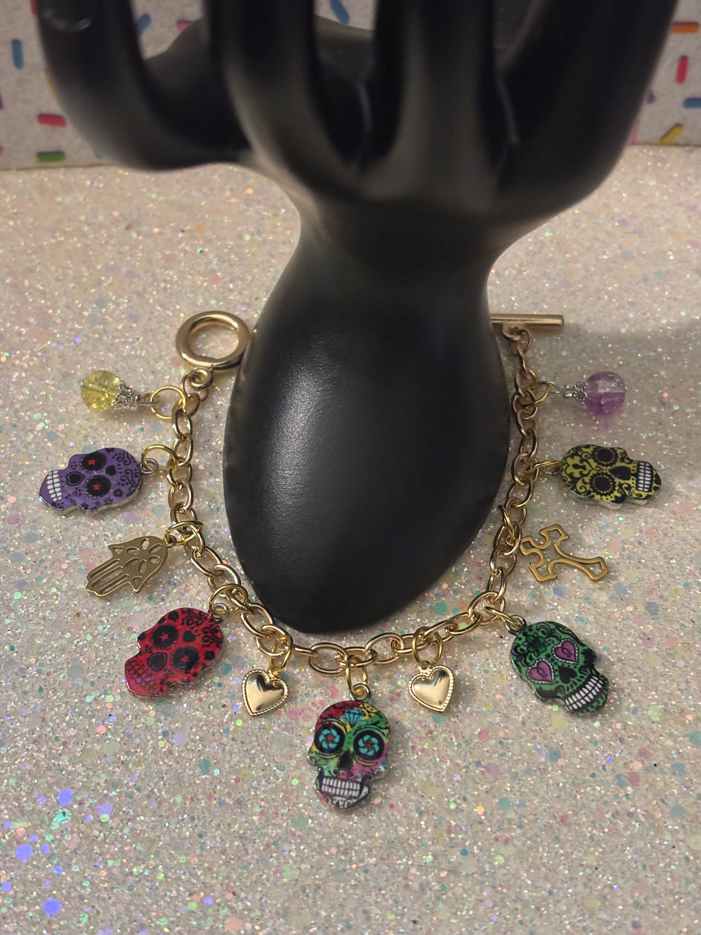 Gold Plated Stainless Steel Bracelet, Enamel Dia De Los Muertos Skull Colorful Charms