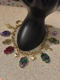 Gold Plated Stainless Steel Bracelet, Enamel Dia De Los Muertos Skull Colorful Charms