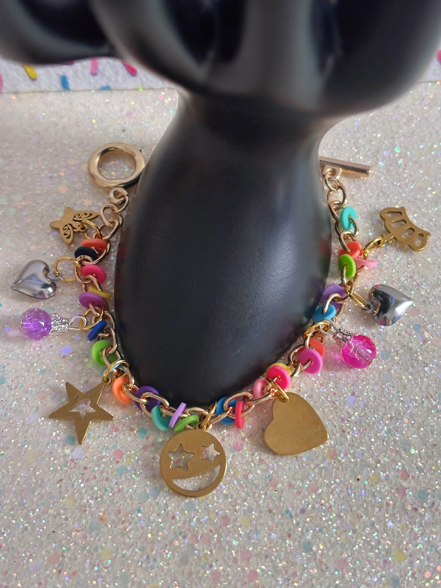 Funfetti Clay Beaded, Gold Stainless Steel Bracelet, Celebration Theme