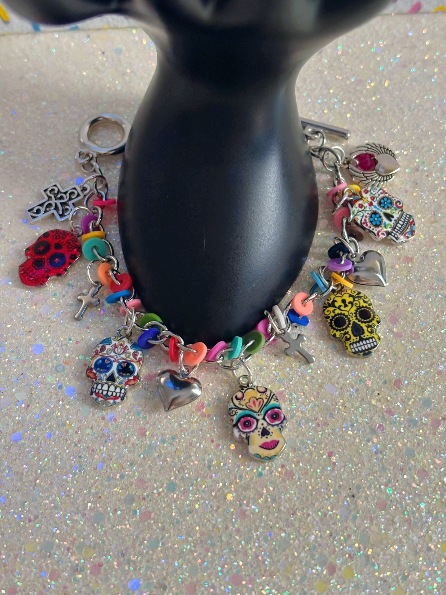 Silver Stainless Steel Day of The Dead Bracelet with Clay Beads