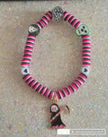 Stretchy Pink, White, Black Clay Beaded Grim Reaper Dangle Charm Bracelet