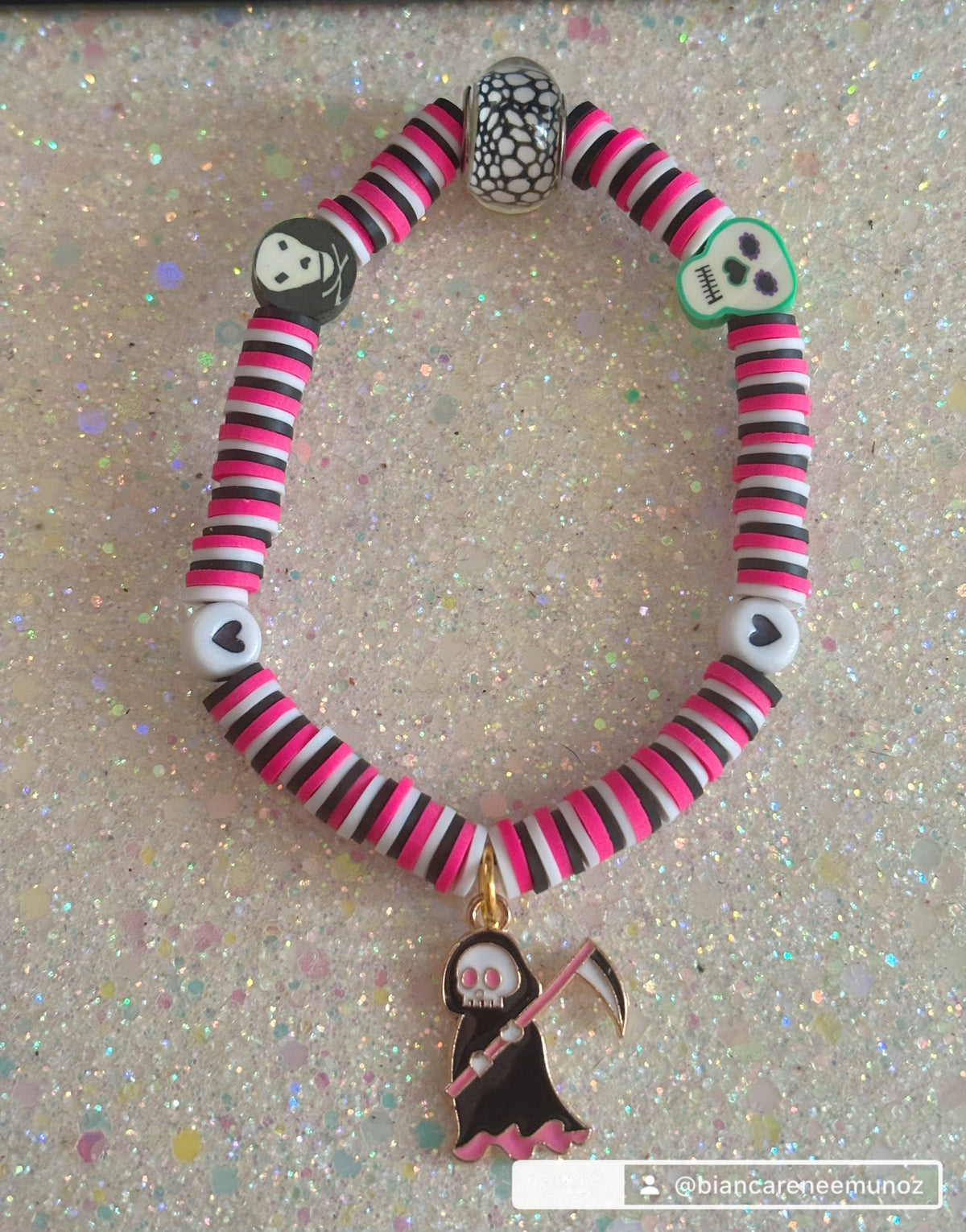 Stretchy Pink, White, Black Clay Beaded Grim Reaper Dangle Charm Bracelet