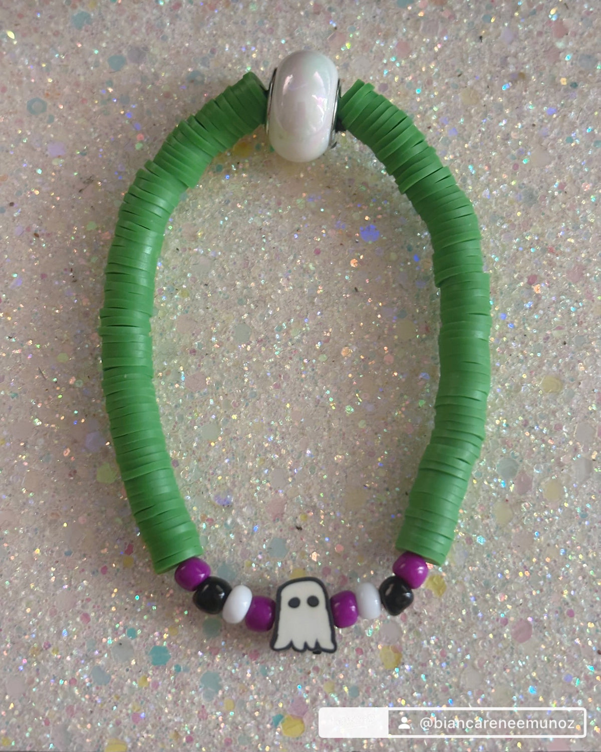 Stretchy Green Clay Beaded Ghost Charm Bracelet