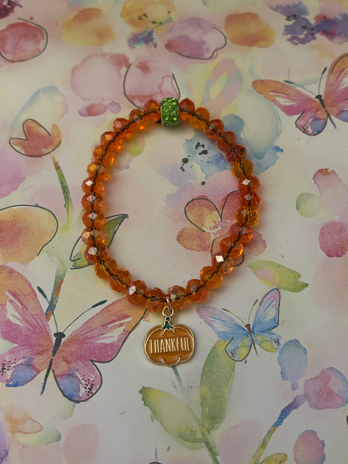 Stretchy Glass Beaded- Orange Thankful Pumpkin Charm