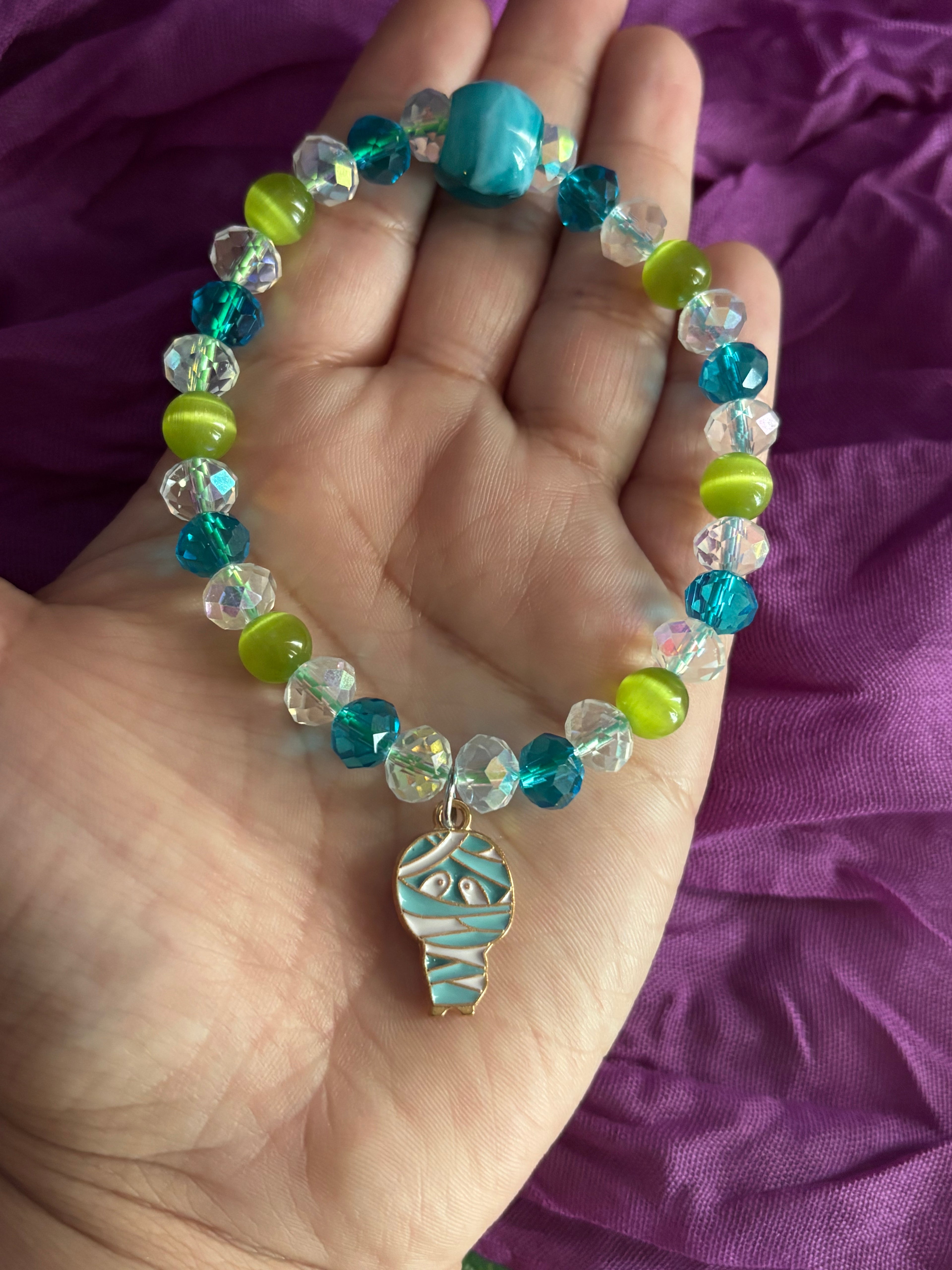 Stretchy Glass Blue/Green Beaded- Cute Mummy Charm