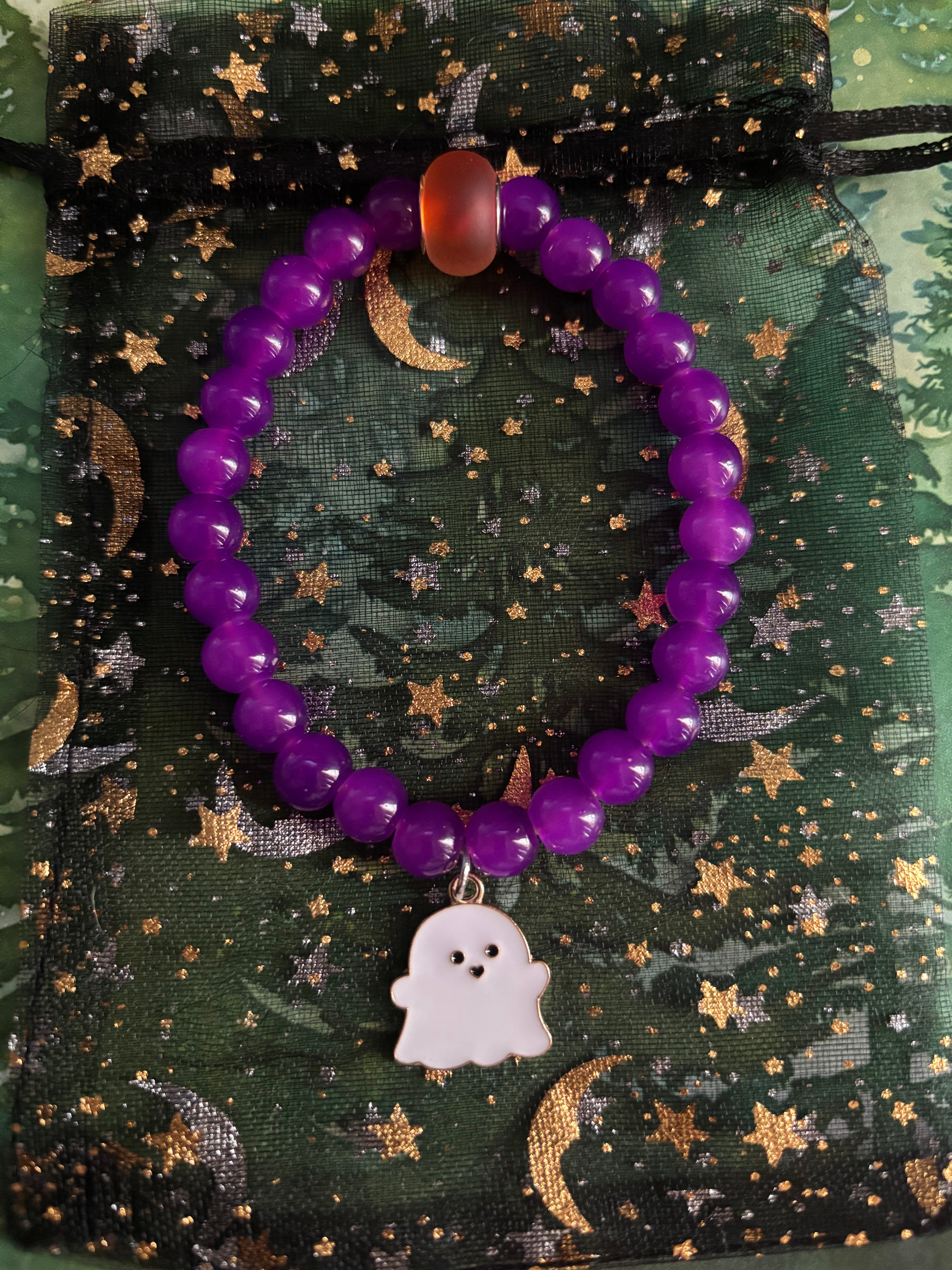 Stretchy Purple Glass Beaded- Ghost Charm