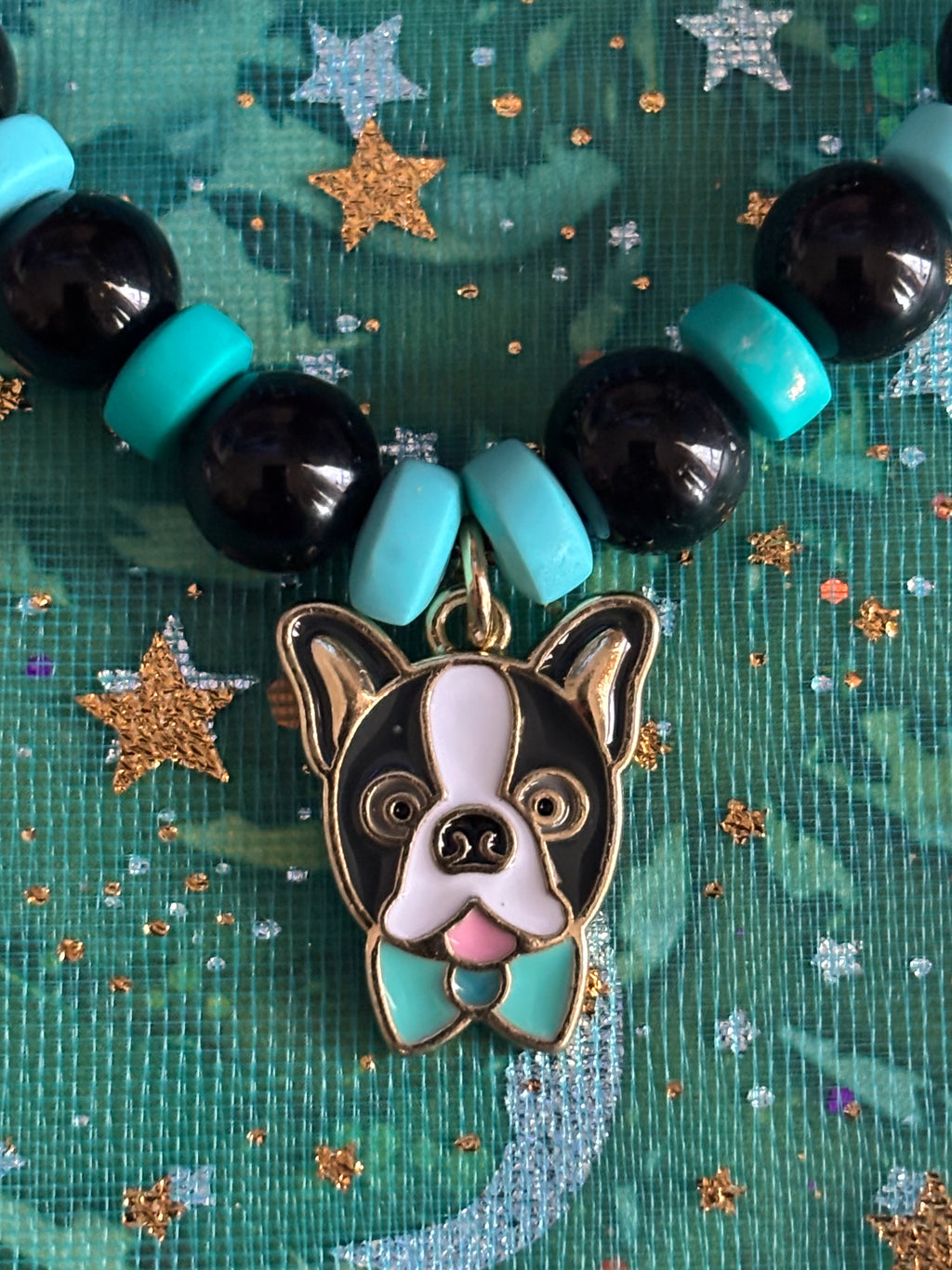 Stretchy Black and Blue Glass Beaded- Dog with Blue Tie Charm