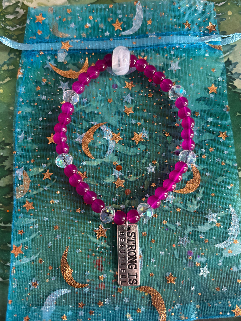 Stretchy Pink Glass Beaded- “Strength Is Beautiful” Charm