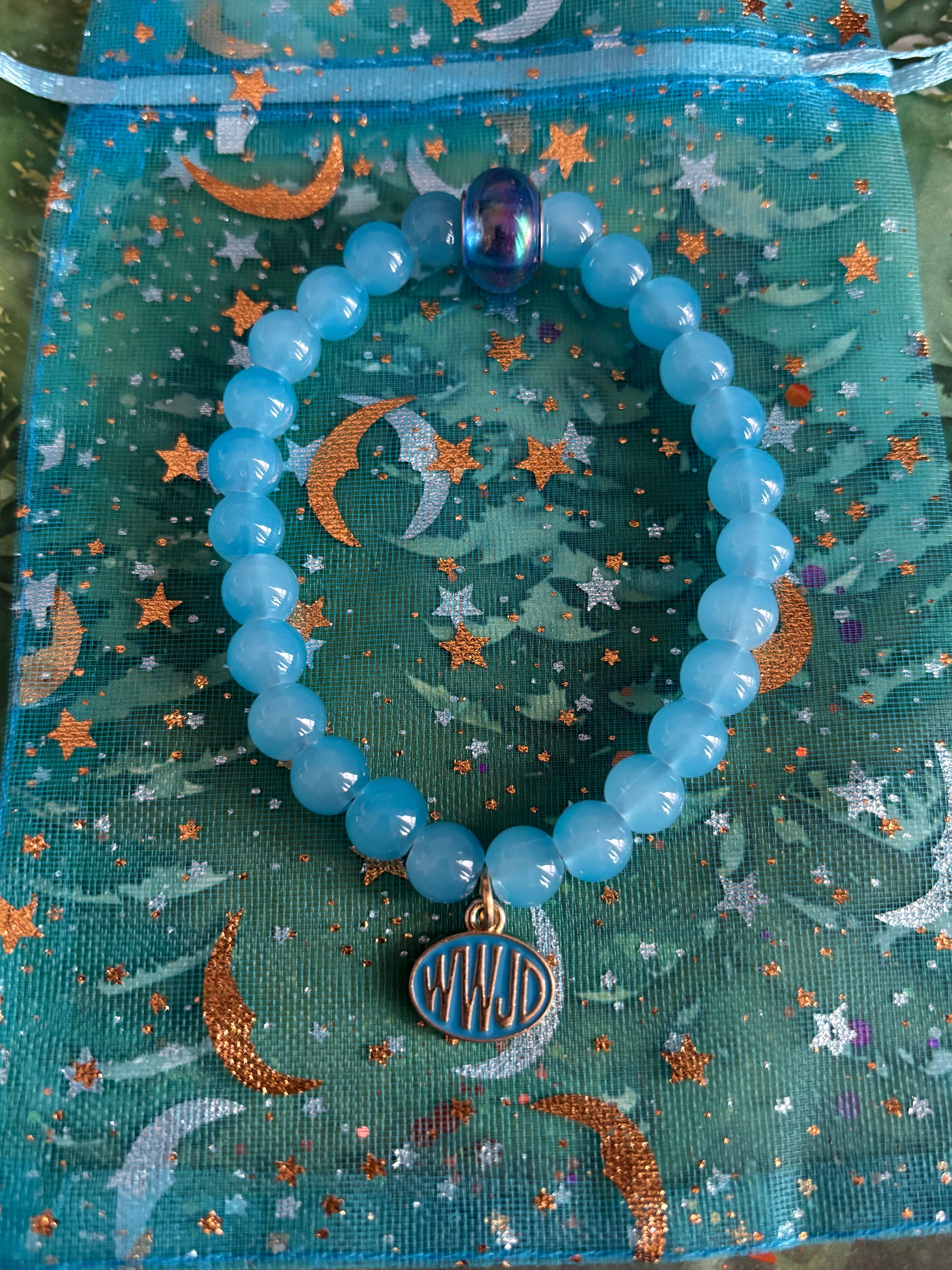 Stretchy Glass Baby Blue Beaded- Blue “WWJD” Charm