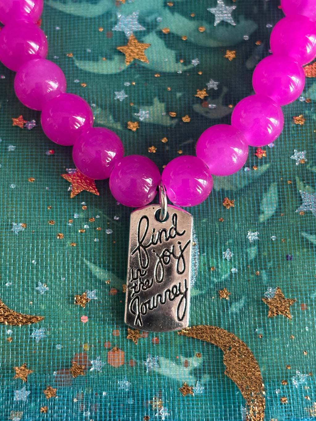 Stretchy Hot Pink Glass Beaded- “Find The Joy In The Journey” Charm