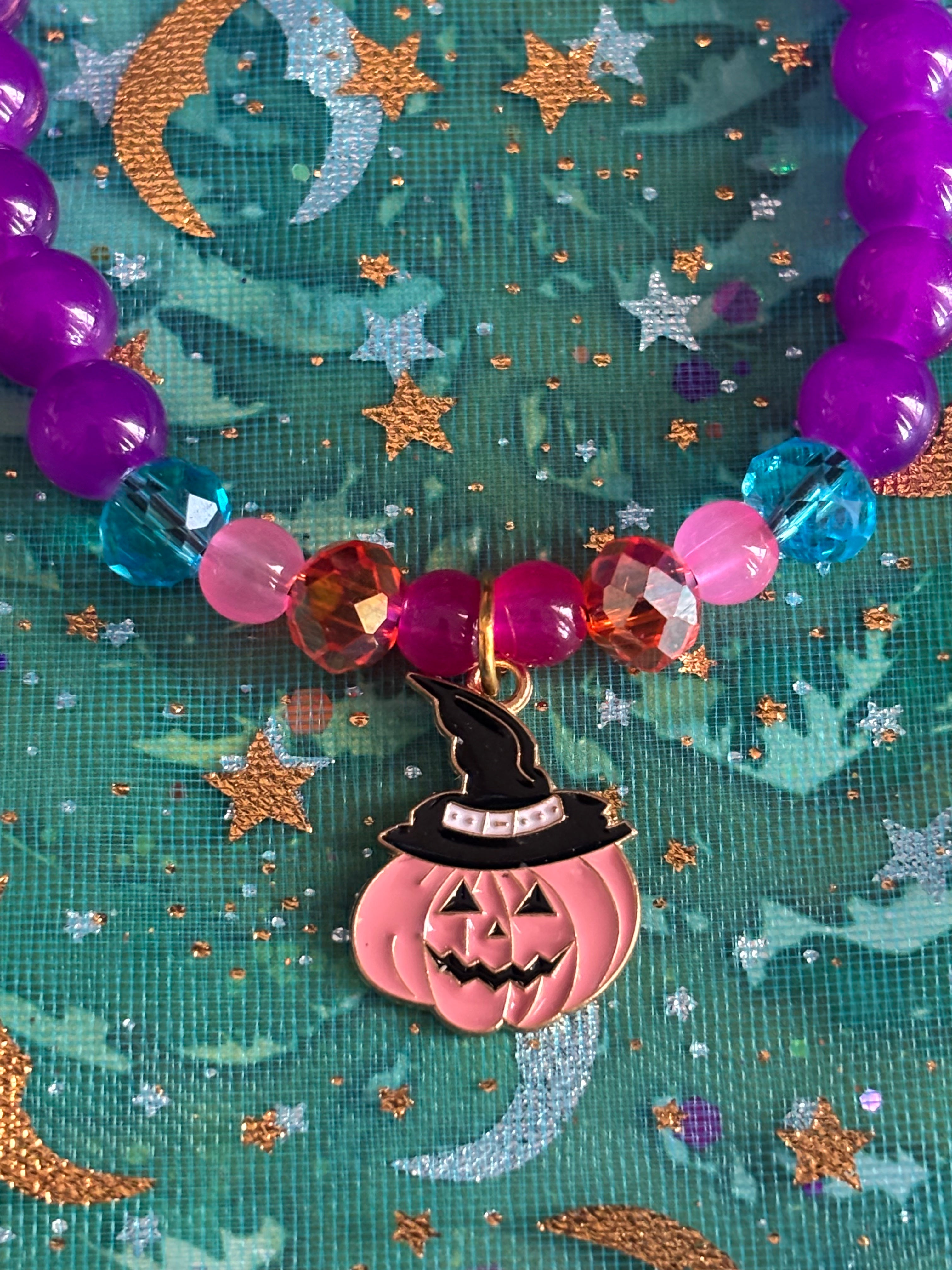 Stretchy Colorful Glass Beaded- Spooky Pumpkin Charm