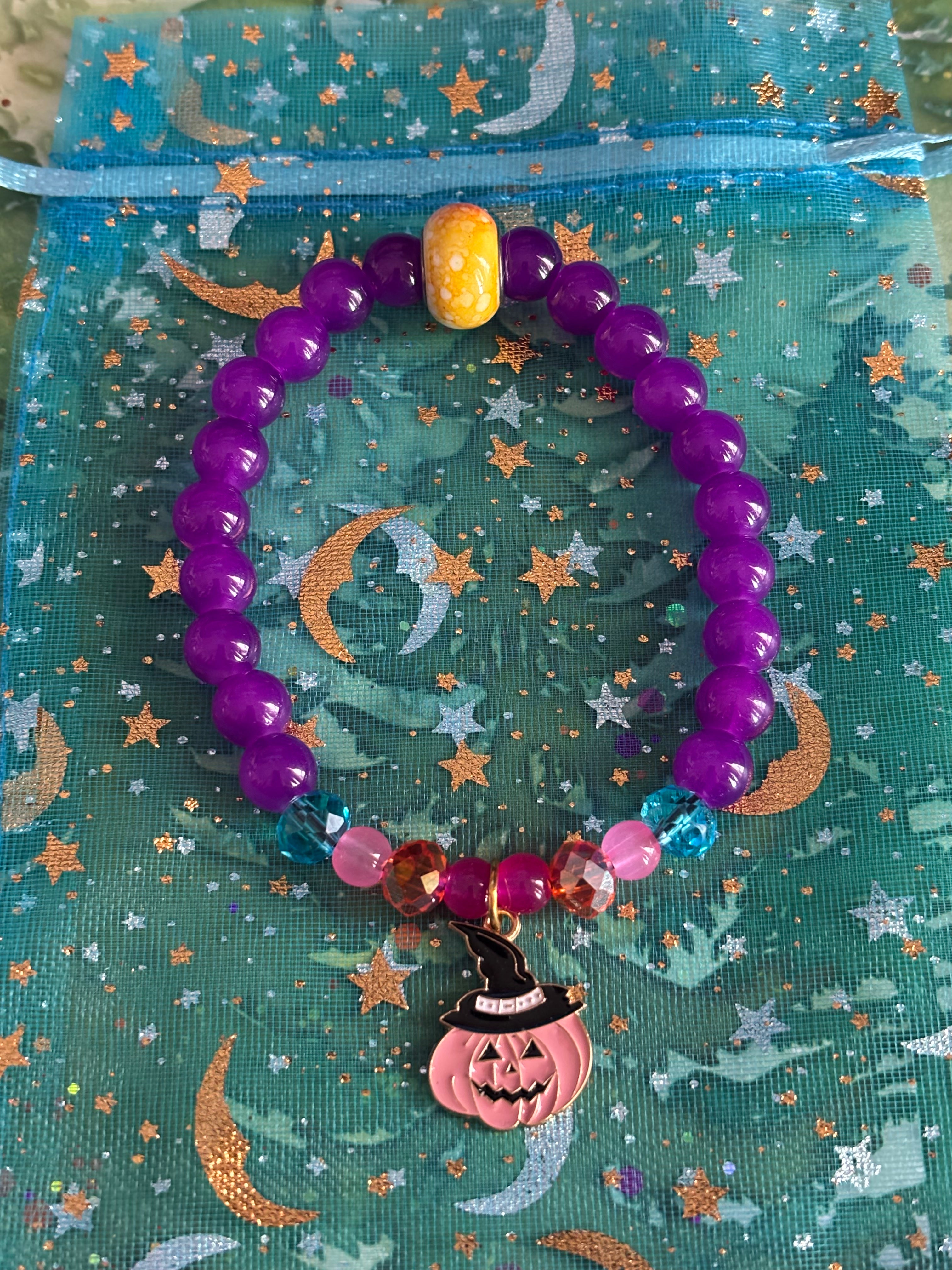 Stretchy Colorful Glass Beaded- Spooky Pumpkin Charm