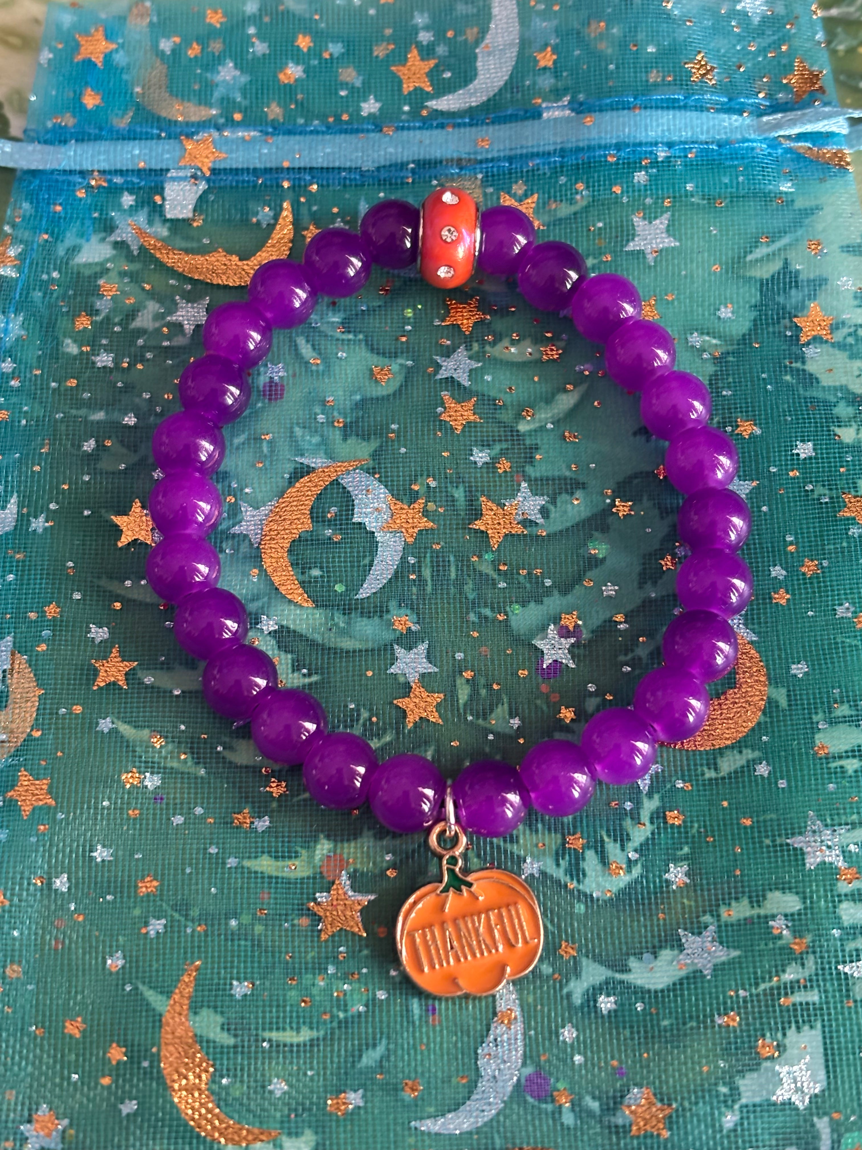 Stretchy Purple Glass Beaded- Orange Thankful Pumpkin Charm