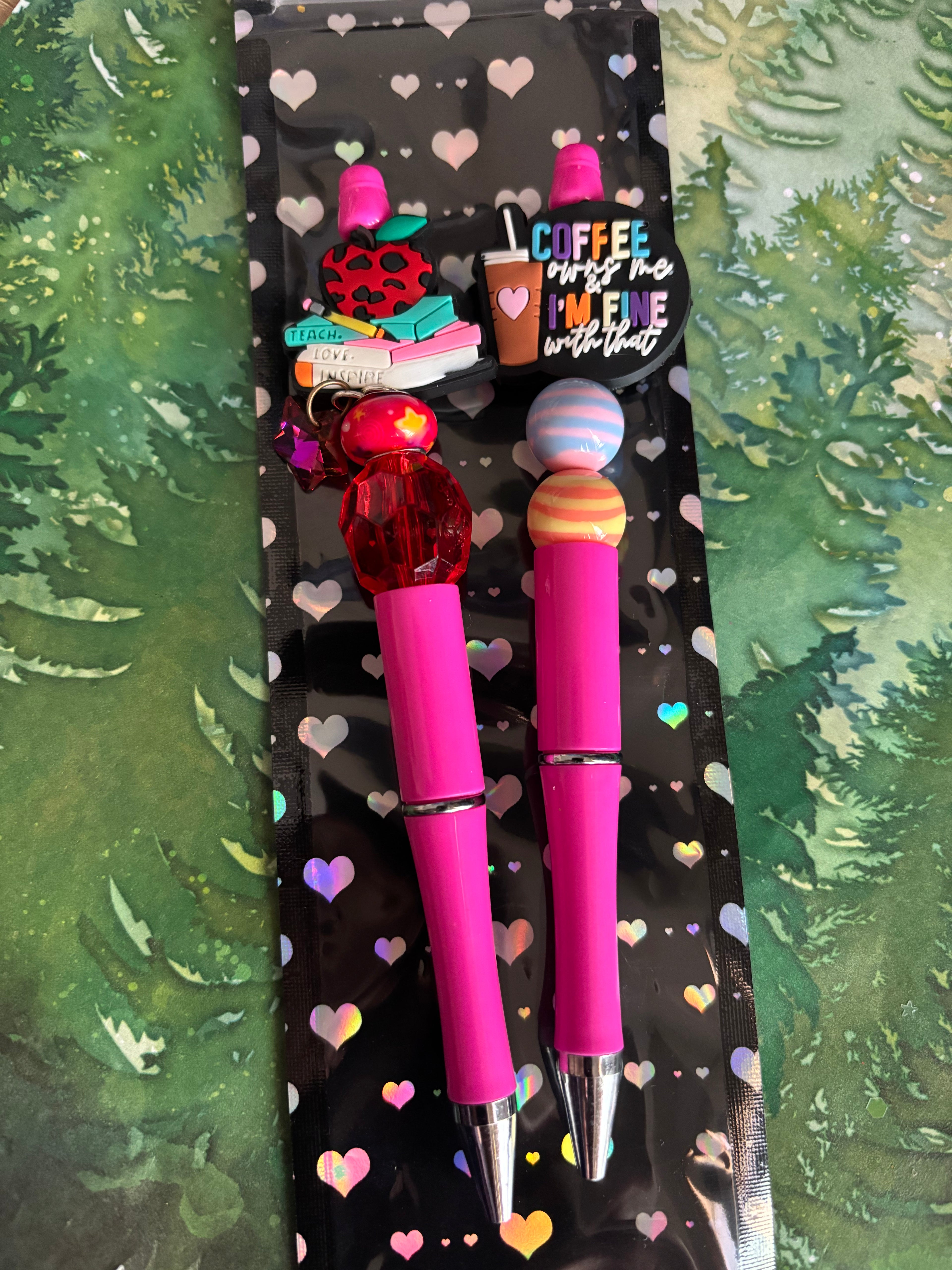 2 Pink Pens- Teacher and Coffee Charms