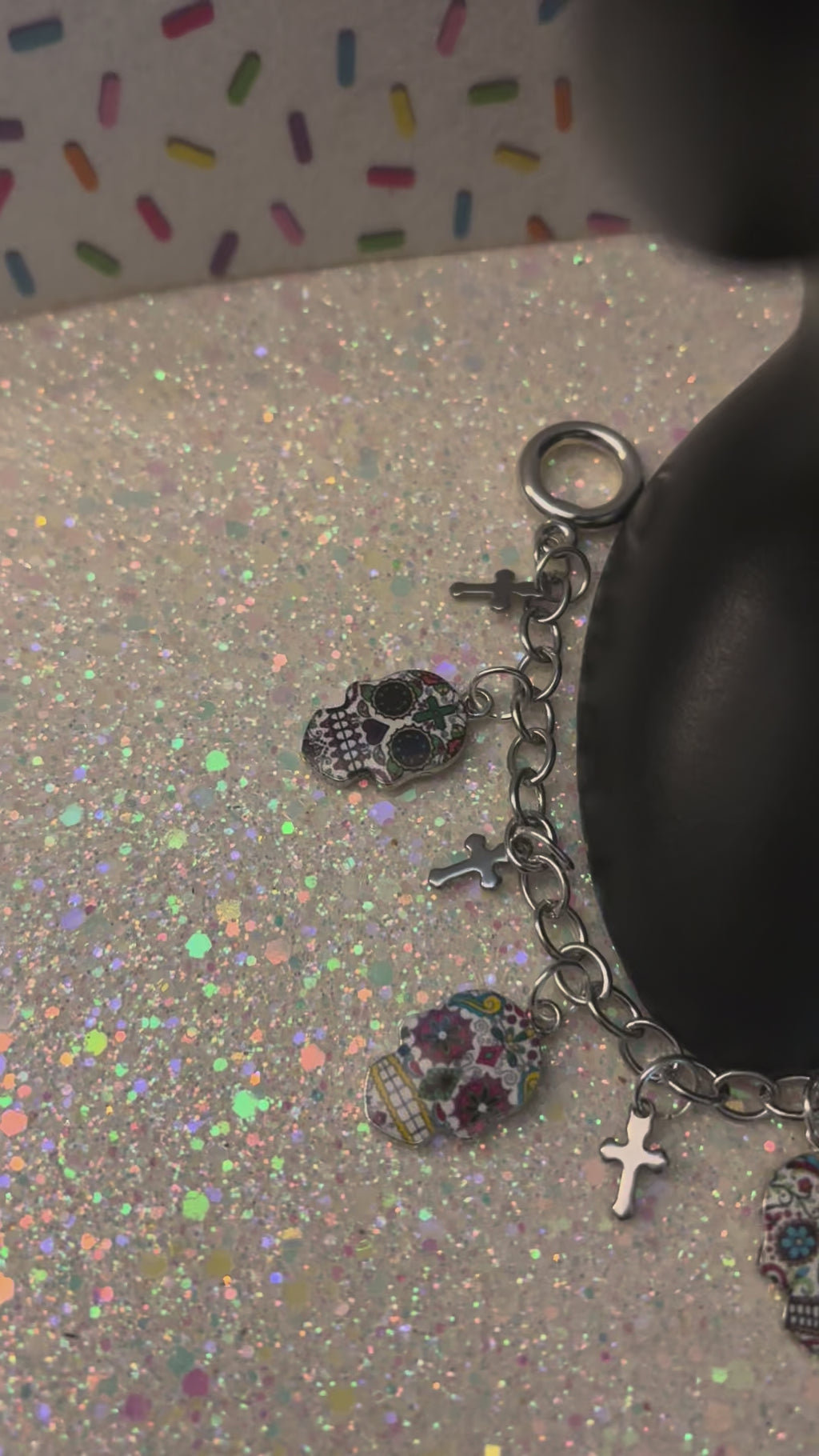 Silver Stainless Steel Chain, Enamel Dia De Los Muertos Skull White Charms, Stainless Steel Mini Crosses