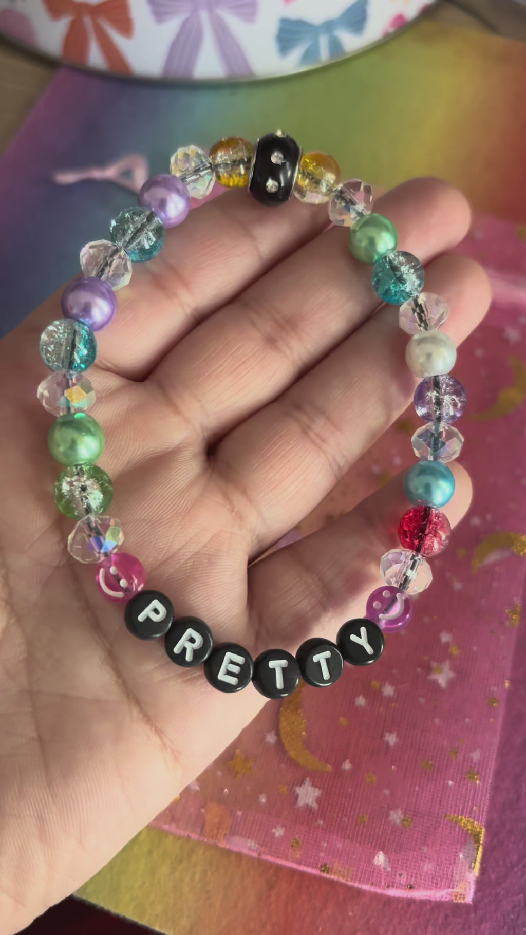 Stretchy Glass Beaded- Pretty Black Lettered Bracelet