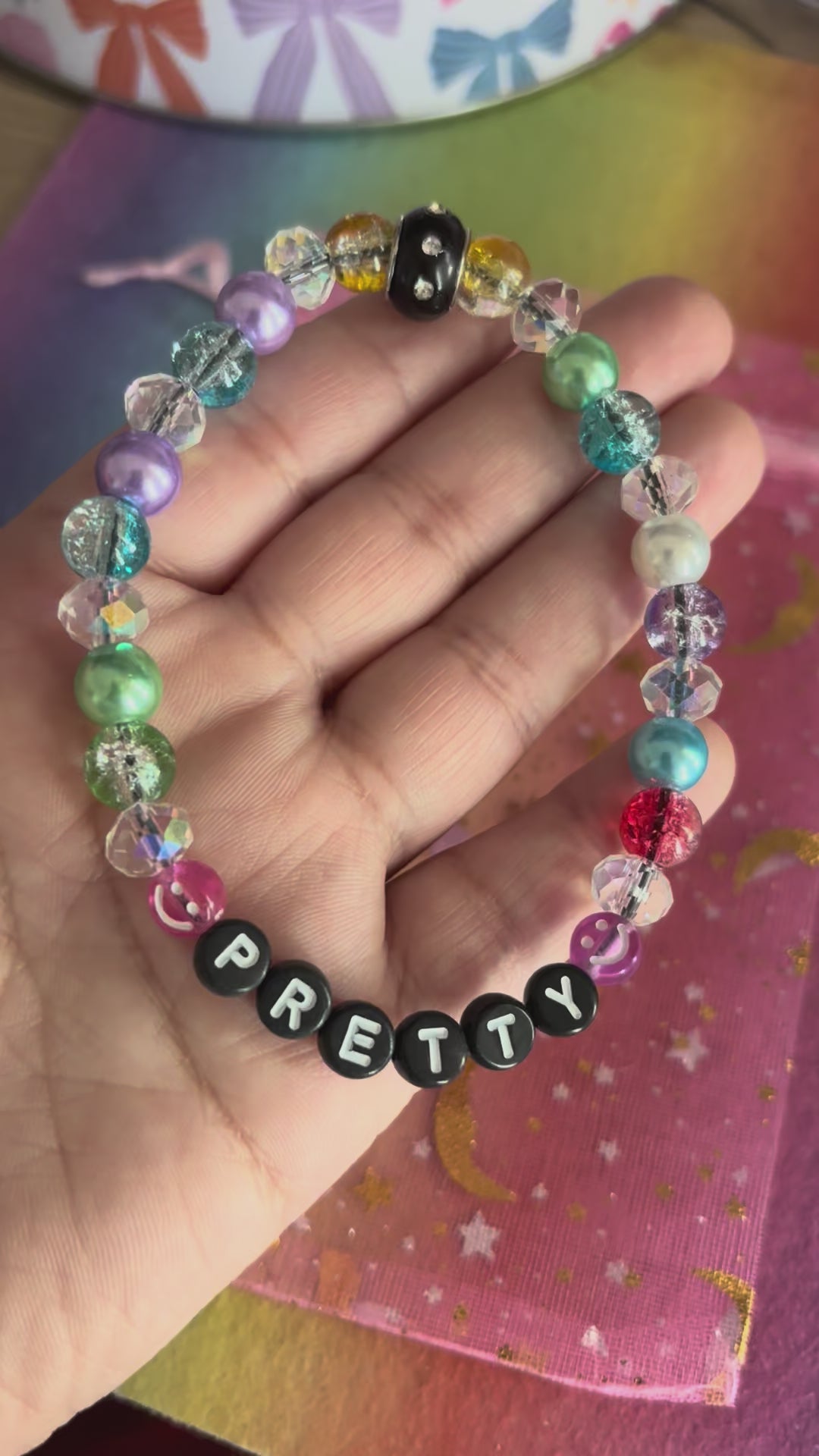 Stretchy Glass Beaded- Pretty Black Lettered Bracelet